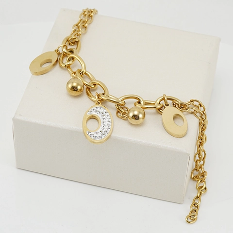 Pulsera De Acero Inoxidable Chapada En Oro De 18K Cadena De Doble Capa Joyas Con Dijes Para Mujer Con Strass Oval Y Cuentas
