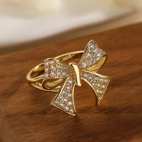 Anello Aperto Con Fiocco In Rame Placcato Oro 18K Con Zircone Regolabile Gioielli Di Moda Vintage Per Donne