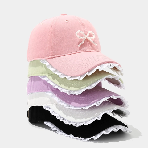 Cappellino Da Baseball In Cotone Da Donna Con Fiocco Di Künstliche Perle E Pizzo Regolabile Stile Dolce