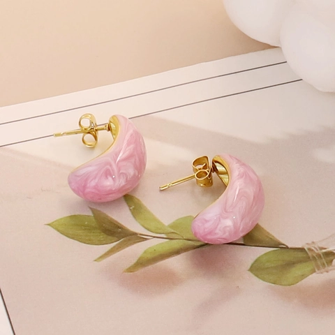 Stainless Steel Stud Earrings Gold Plated Marble Pattern Enamel Water Drop Geometric Semicircle Simple Elegant Accessories