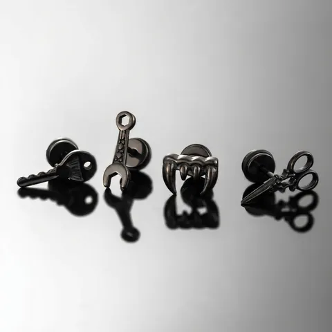 Stainless Steel Stud Earrings Punk Gothic Key Wrench Scissor Fang Shape Black Industrial Hip Hop Jewelry For Men Women