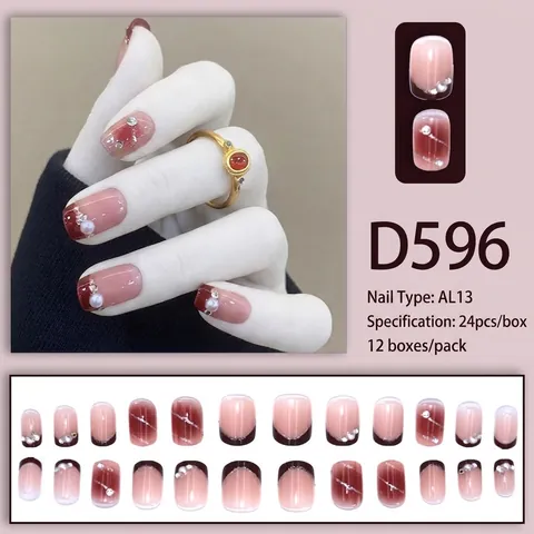 French Blush Gradient Press On Nails With Artificial Pearl And Rhinestone Silver Glitter Short Square Elegant False Nails For Women
