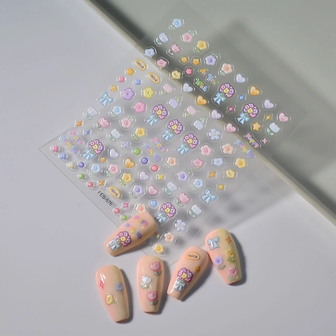 5D Embossed Nail Stickers 3D Relief Floral Heart Butterfly Self Adhesive Waterproof Macaron Color Nail Art Decals DIY Manicure Jewelry
