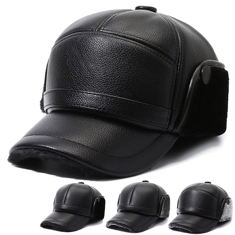 Men Winter PU Leather Baseball Cap With Ear Flaps Faux Fur Lined Warm Windproof Outdoor Trapper Hat