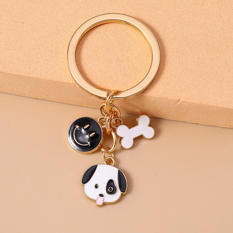 Cartoon Dog Bone Smiley Face Zinc Alloy Keychain For Backpack Gold Metal Animal Puppy Pendant Key Ring Charm Women Men Gift