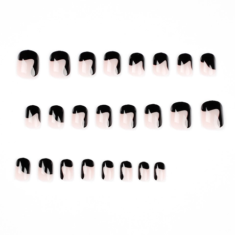 Unghie Finte A Pressione Geometriche Irregolari Linee Liquide Nere Minimalista Corto Tondo Per Donne Lucido