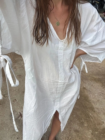 Women's Solid White Cotton Maxi Dress V Neck Long Sleeve Split Hem Loose Vacation Resort Style Tie Back Casual