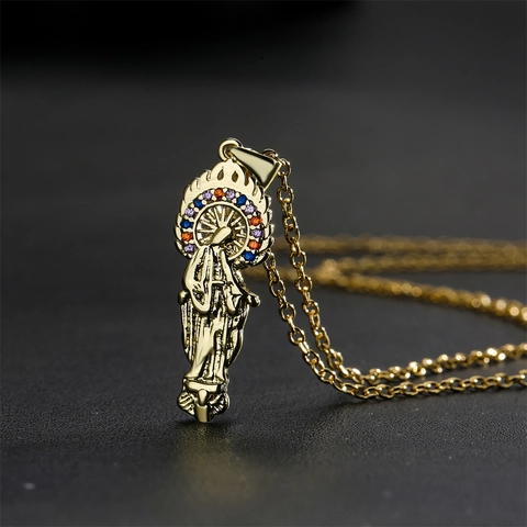 Collana Con Pendente Vergine Maria Religiosa Rame Placcato Oro Con Zirconia Gioielli Vintage Per Donna