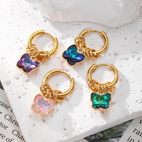 Trendy Hip Hop Edelstahl Schmetterling Ohrringe Bunte Strass Eingelegt Exquisite Schmetterling Ohrhänger Für Damen Schmuck