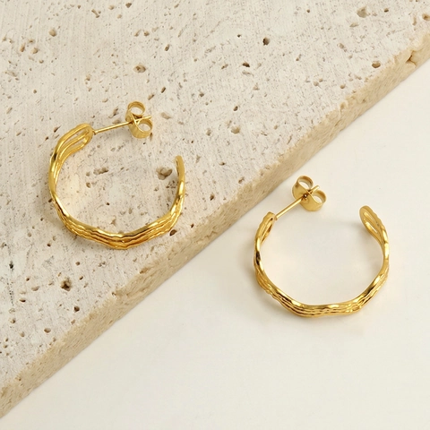 C-Shaped Stud Earrings 18K Gold Plated Stainless Steel Wavy Texture Irregular Minimalist Jewelry For Women