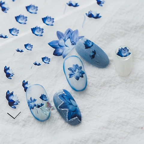 Blue Lotus Nail Art Stickers Ink Floral Self-Adhesive Ultra-Thin Manicure Decals DIY Nails Decoration Elegant Ins Style