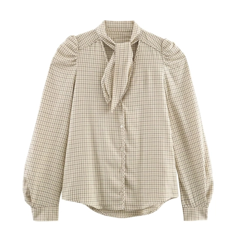 Blusa A Quadri Manica Lunga Donna Poliestere Con Fiocco Maniche A Sbuffo Camicia Stile Preppy Dolce Top