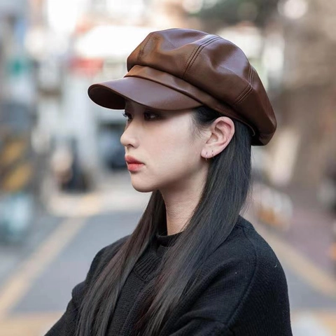 Women Vintage Synthetic Leather Newsboy Cap Solid Color Fashion Octagonal Beret Hat For Autumn Winter Outdoor Warm Accessory