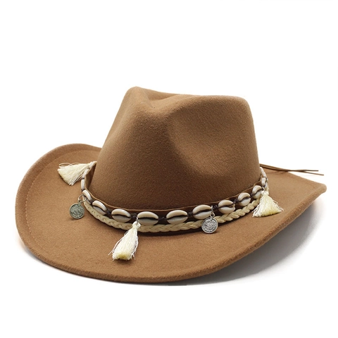 Sombrero Fedora Cowboy Western Fieltro Lana Ala Ancha Boho Decoración Concha Borla Moneda Metal Vintage Jazz Hombre Mujer