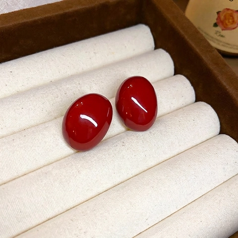 Rode Ovale Knopoorbellen Met Zilveren Oorsteker Legering Emaille Geometrisch Retro Chic Sieraden Voor Dames Mode