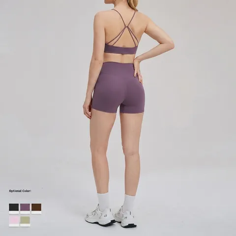 Damen Sport BH V Ausschnitt Vorne Verdreht Überkreuzter Rücken Gepolstert Yoga Top Hochelastisch Gebürsteter Stoff Fitness