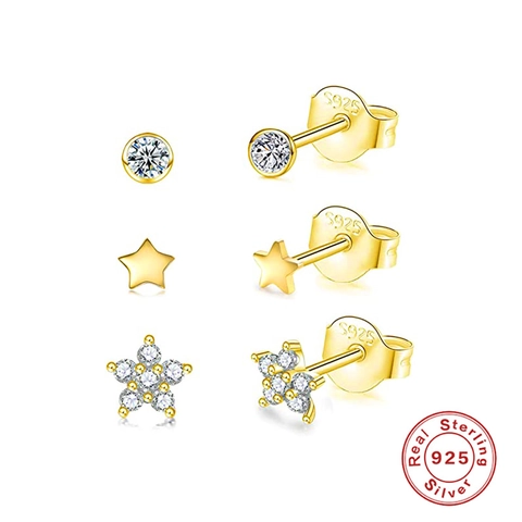 925 Sterling Silver Stud Earrings Set For Women Fashion Rhinestone Star Round Geometric Small Ear Studs Jewelry Gift