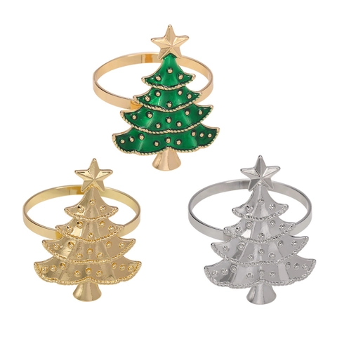 Christmas Tree Napkin Rings Metal Alloy Enamel Star Top Festive Table Decoration Holiday Dinner Party Wedding Home Decor Reusable
