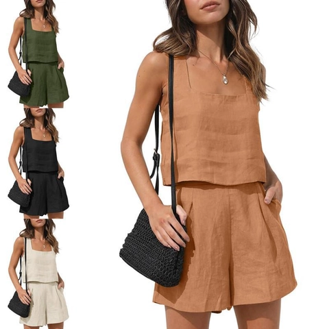 Women Cotton Linen Sleeveless Square Neck Top And High Waisted Wide Leg Shorts Summer Casual Outfit