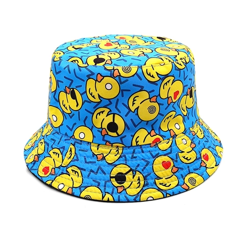 Reversible Bucket Hat Cartoon Duck Print Polyester Sun Protection Casual Versatile Outdoor Sun Hat For Men Women