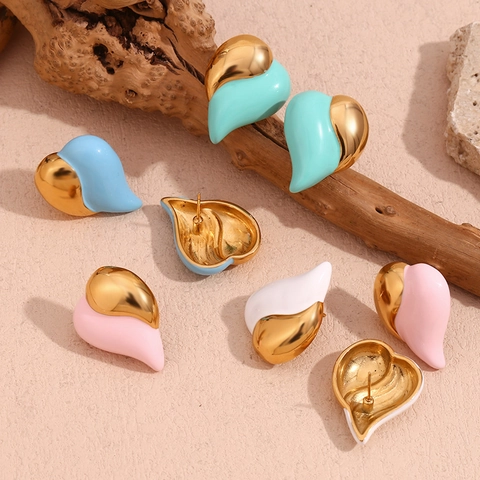Fashion Stainless Steel 18K Gold Plated Heart Stud Earrings For Women Trendy Color Block Enamel Drip Oil Heart Jewelry