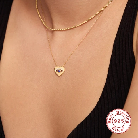 Evil Eye Heart Pendant Necklace 925 Sterling Silver Blue White Zirconia Elegant Jewelry Gift For Women