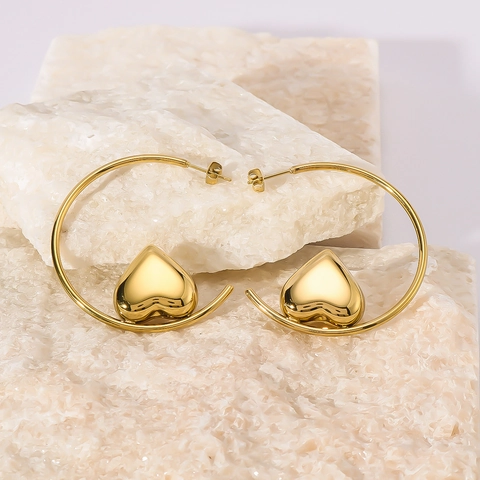 Stainless Steel Heart Hoop Earrings 18K Gold Plated C Shape Hollow Heart Niche Minimalist Jewelry For Women