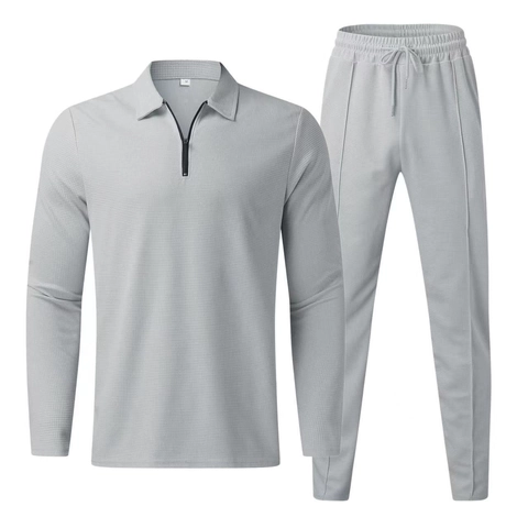 Men Waffle Knit Quarter Zip Polo Shirt And Drawstring Pants Casual Sporty Long Sleeve Lapel Streetwear Outfit