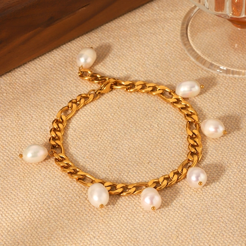 Fußkettchen Natürliche Süßwasserperle 18K Vergoldet Edelstahl Figaro Kette Wasserdicht Elegant Damen