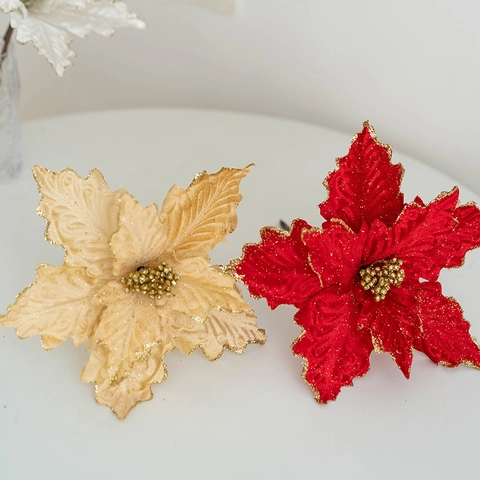 Artificial Christmas Poinsettia Flowers Glitter Fabric Holiday Tree Wreath Decor Floral Ornaments Festive