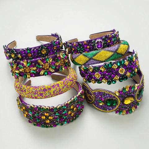 Baroque Mardi Gras Rhinestone Padded Headband For Women Purple Green Gold Pave Crystal Carnival Party Hair Accessories