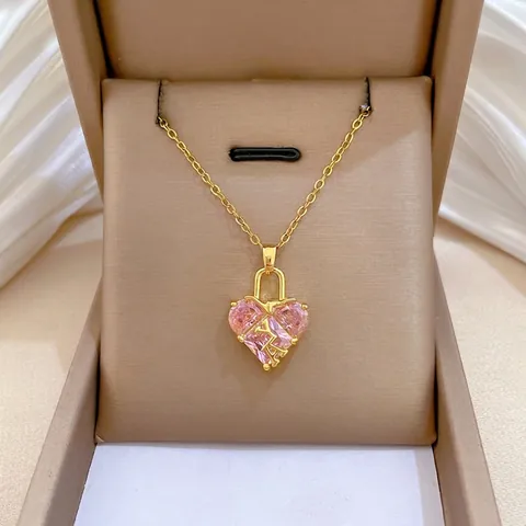 Rosa Herz Anhänger Halskette Titanstahl Kette Kupfer Zirkon Herzschloss Buchstabe A Eleganter Schmuck Für Frauen Mädchen
