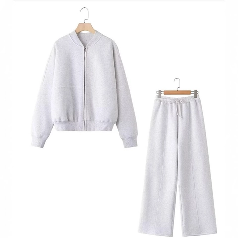 Conjunto Deportivo Casual Mujer Chaqueta Y Pantalones Pierna Ancha Cintura Alta Forro Polar Cálido Otoño Cremallera