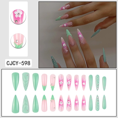 Lange Stiletto Kunstnägel Rosa Mintgrün Farbverlauf 3D Blumen Strass Luxus Wiederverwendbar Acryl DIY Maniküre Damen