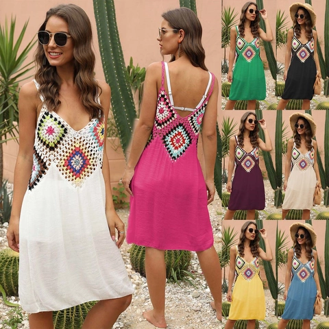 Robe De Plage Bohème Pour Femmes Crochet Patchwork Col En V Bretelles Spaghetti Vacances D'été