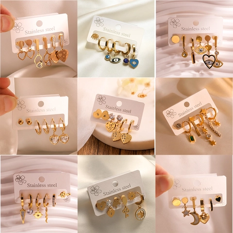 Heart Stainless Steel Earrings Zirconia Gold Plated Geometric Dangle Stud Hoops For Women Simple Chic Daily Jewelry