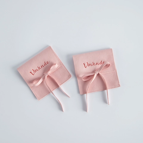 Bolsa de joyería de gamuza de microfibra rosa bolsa de embalaje de gamuza cuadrada con lazo de cinta para almacenamiento de joyas anillo collar bolsa de regalo