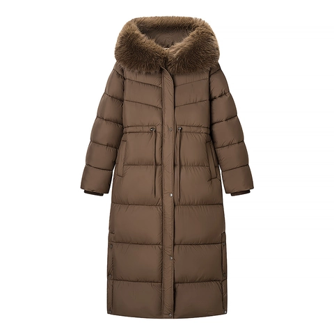 Dames Lange Gewatteerde Jas Bontkraag Capuchon Taille Trekkoord Casual Winterjas