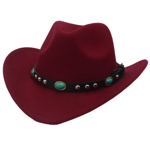 Western Cowboy Fedora Hat Ethnic Style Turquoise Rivets Decoration Felt Jazz Hat For Men Women Autumn Winter Wide Brim