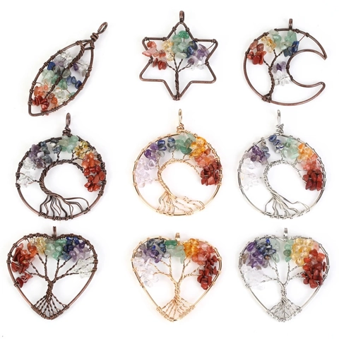Tree Of Life Pendant Natural Crushed Crystal Gemstone Handmade Wire Wrapped Multi Color Chakra Healing Jewelry For Women