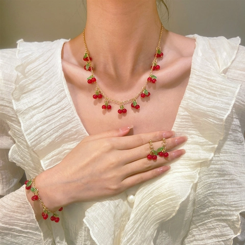 Conjunto de Joyas Frutas Dulces Mujeres Acrílico Cristal Artificial Cereza Fresa Arándano Colgante Collar Pulsera Pendientes