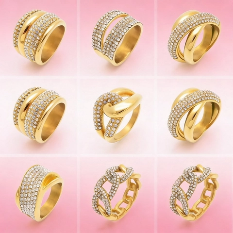 Wide Band Ring For Women Gold Plated Stainless Steel Cubic Zirconia Pave Crossover Geometric Fashion Jewelry