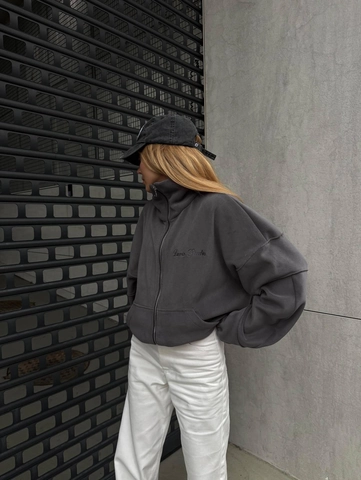Polar Fleece Jacket Women Zipper Up Stand Collar Letter Embroidery Loose Fit Streetwear Sweatshirt Long Sleeve Oversized