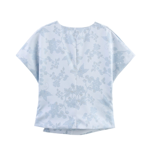 Dames Jacquard Blouse Shirt Korte Mouwen V-Hals Lichtblauw Bloemenpatroon Retro Klassieke Stijl Satijnen Afwerking Polyester Top