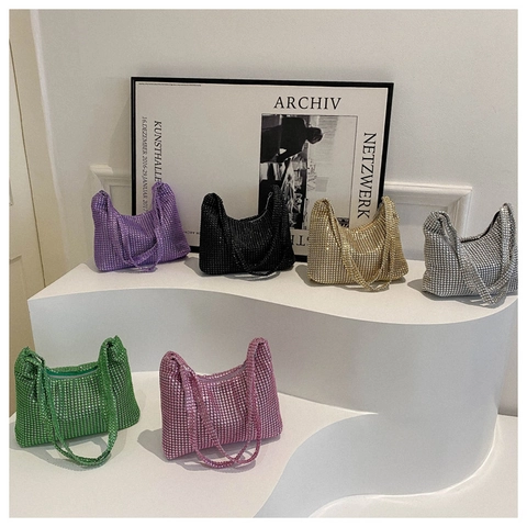 Rhinestone Underarm Hobo Bag For Women Shimmering Crystal Shoulder Purse Sparkly Evening Party Handbag Trendy Chic