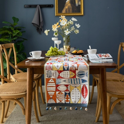 Fish Leaf Pattern Table Runner Jacquard Fabric With Bead Tassel Home Kitchen Dining Decor American Style