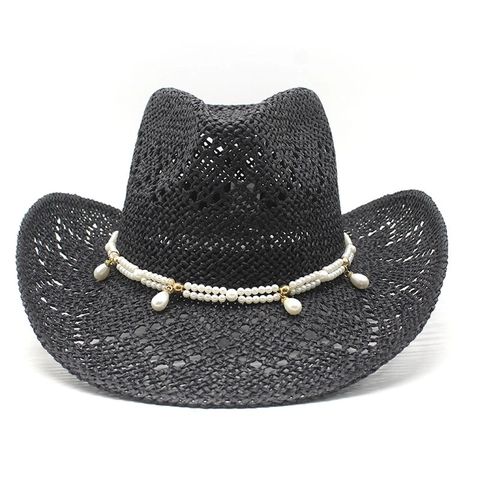 Sombrero De Vaquero De Paja Calado Con Adorno De Perlas Artificiales Elegante Transpirable Protección Solar Estilo Western