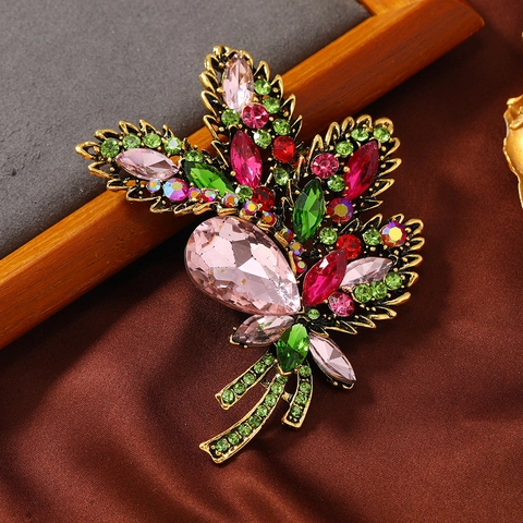 Vintage Leaf Brooch Alloy Rhinestone Crystal Colorful Floral Pin Pendant For Women Coat Accessory Large Elegant