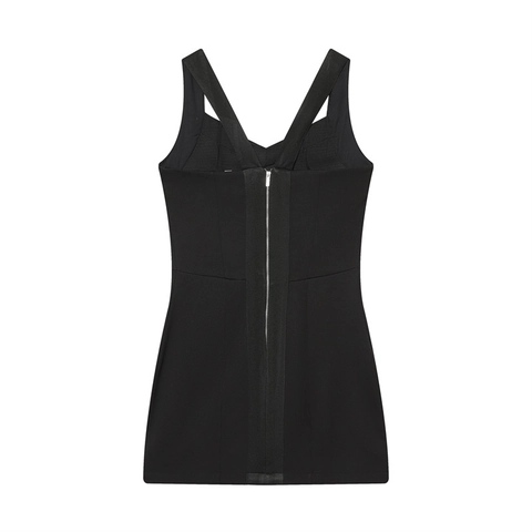 Bodycon Mini Dress Elastic Polyester V-Neck Sleeveless Cross Back Strap Zipper Slim Fit Party Clubwear Solid Black