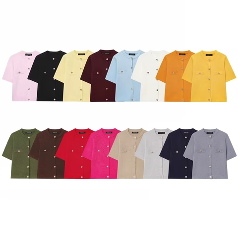 Women Spring Knit Set Short Sleeve Round Neck Cardigan Top And A-Line Mini Skirt With Metal Buttons Elegant Lady Style